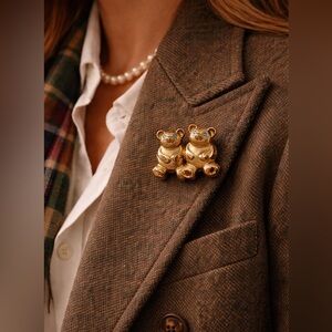 Vintage Teddy Bear Brooch Gold Tone Bear Pin Blue Rhinestone Eyes